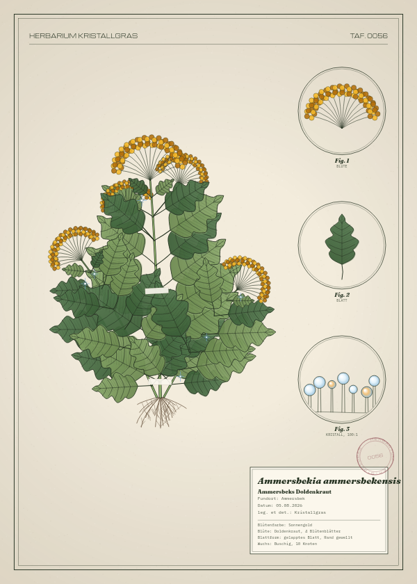 Botanische Tafel: Ammersbekia ammersbekensis, eine erfundene Pflanze aus Ammersbek, gezeichnet wie in einem alten Pflanzenatlas