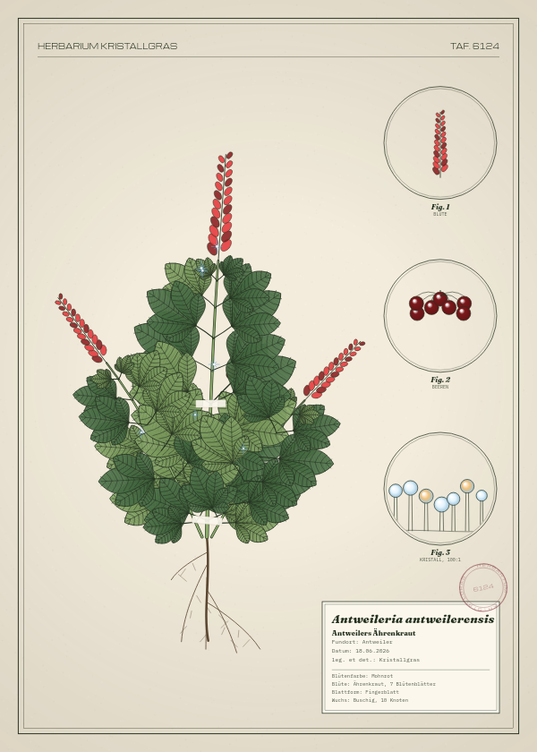 Botanische Tafel: Antweileria antweilerensis, eine erfundene Pflanze aus Antweiler, gezeichnet wie in einem alten Pflanzenatlas