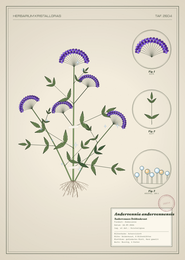 Botanische Tafel: Andervennia andervennensis, eine erfundene Pflanze aus Andervenne, gezeichnet wie in einem alten Pflanzenatlas