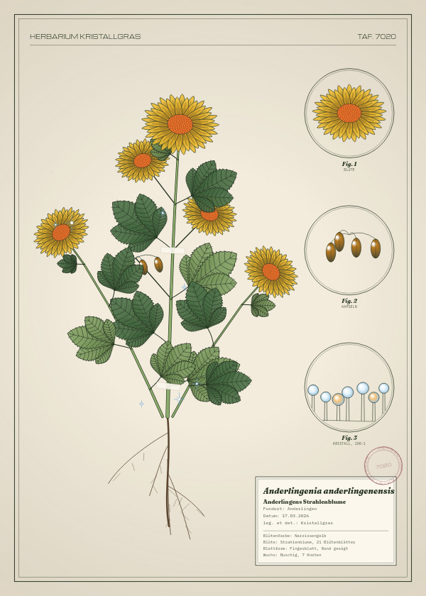 Botanische Tafel: Anderlingenia anderlingenensis, eine erfundene Pflanze aus Anderlingen, gezeichnet wie in einem alten Pflanzenatlas