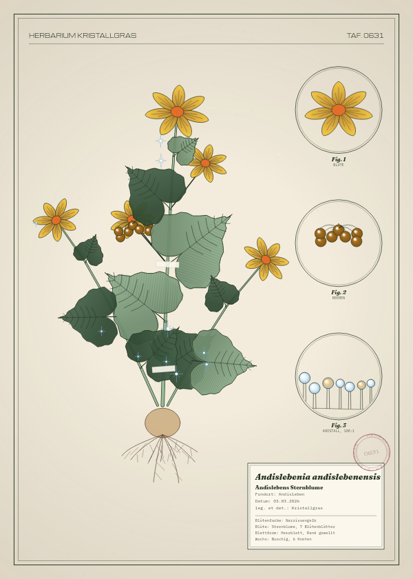Botanische Tafel: Andislebenia andislebenensis, eine erfundene Pflanze aus Andisleben, gezeichnet wie in einem alten Pflanzenatlas