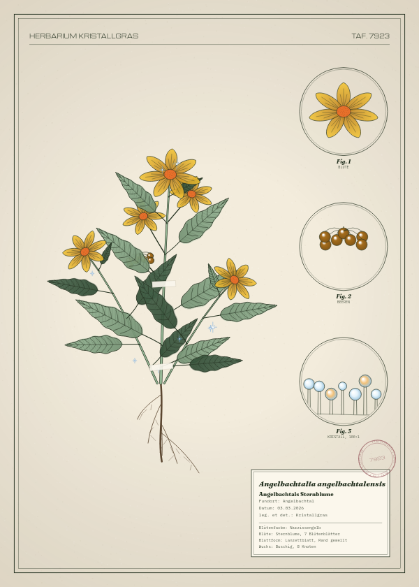 Botanische Tafel: Angelbachtalia angelbachtalensis, eine erfundene Pflanze aus Angelbachtal, gezeichnet wie in einem alten Pflanzenatlas