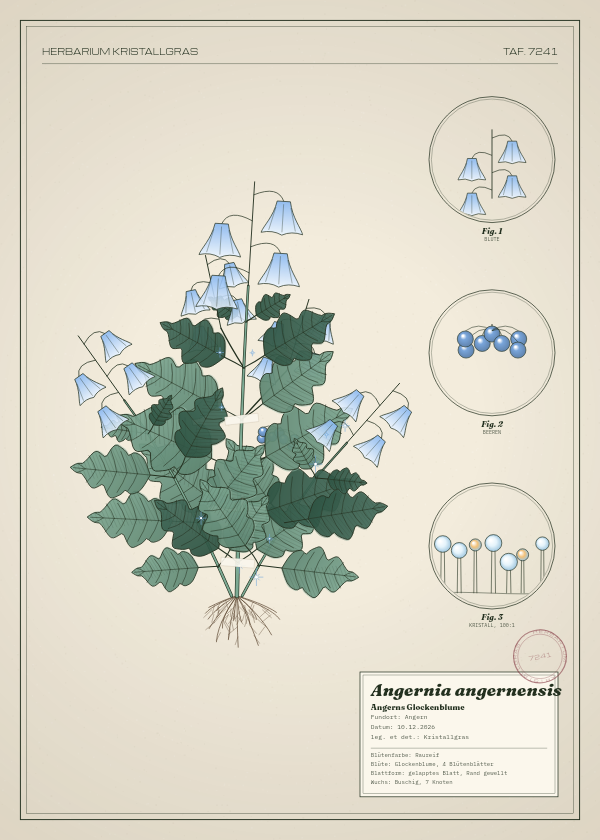 Botanische Tafel: Angernia angernensis, eine erfundene Pflanze aus Angern, gezeichnet wie in einem alten Pflanzenatlas
