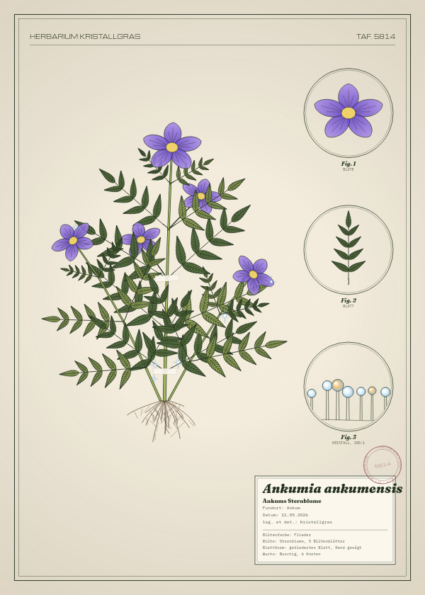 Botanische Tafel: Ankumia ankumensis, eine erfundene Pflanze aus Ankum, gezeichnet wie in einem alten Pflanzenatlas