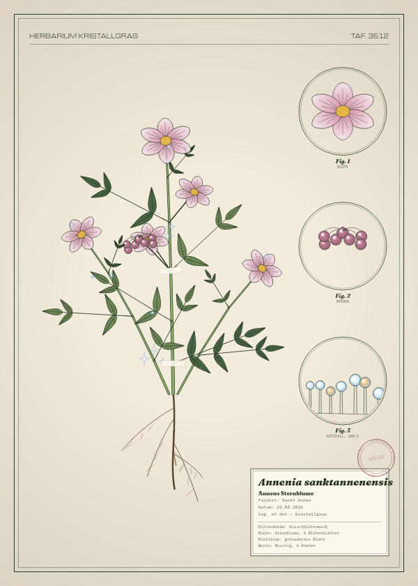 Botanische Tafel: Annenia sanktannenensis, eine erfundene Pflanze aus Sankt Annen, gezeichnet wie in einem alten Pflanzenatlas