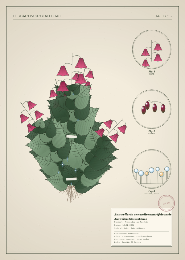 Botanische Tafel: Annweileria annweileramtrifelsensis, eine erfundene Pflanze aus Annweiler am Trifels, gezeichnet wie in einem alten Pflanzenatlas