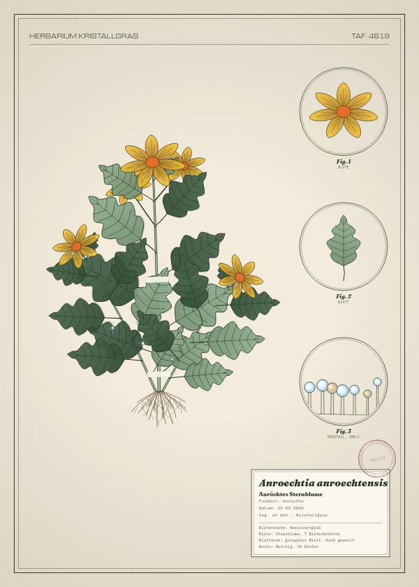 Botanische Tafel: Anroechtia anroechtensis, eine erfundene Pflanze aus Anröchte, gezeichnet wie in einem alten Pflanzenatlas