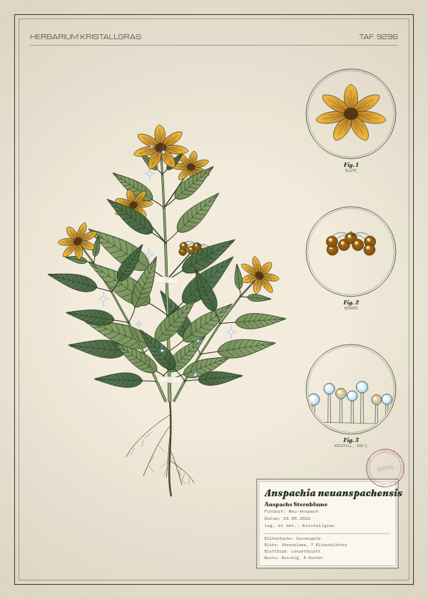 Botanische Tafel: Anspachia neuanspachensis, eine erfundene Pflanze aus Neu-Anspach, gezeichnet wie in einem alten Pflanzenatlas