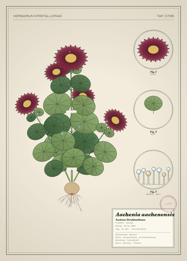 Botanische Tafel: Aachenia aachenensis, eine erfundene Pflanze aus Aachen, gezeichnet wie in einem alten Pflanzenatlas