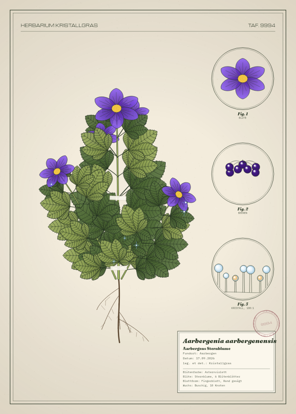 Botanische Tafel: Aarbergenia aarbergenensis, eine erfundene Pflanze aus Aarbergen, gezeichnet wie in einem alten Pflanzenatlas