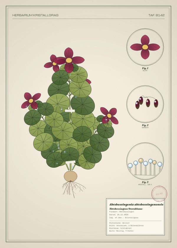 Botanische Tafel: Abtsbessingenia abtsbessingenensis, eine erfundene Pflanze aus Abtsbessingen, gezeichnet wie in einem alten Pflanzenatlas
