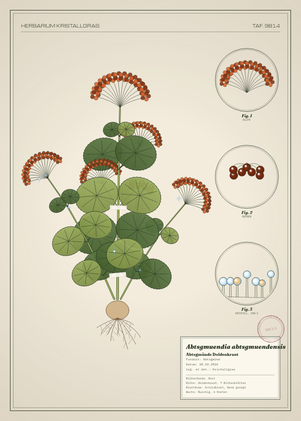 Botanische Tafel: Abtsgmuendia abtsgmuendensis, eine erfundene Pflanze aus Abtsgmünd, gezeichnet wie in einem alten Pflanzenatlas
