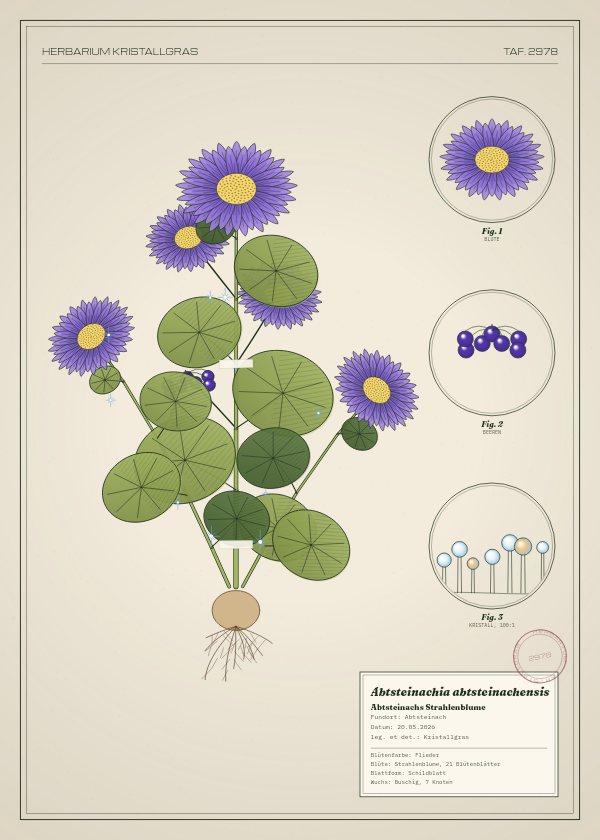 Botanische Tafel: Abtsteinachia abtsteinachensis, eine erfundene Pflanze aus Abtsteinach, gezeichnet wie in einem alten Pflanzenatlas