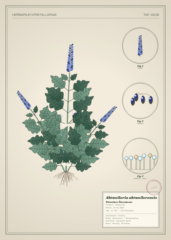 Botanische Tafel: Abtweileria abtweilerensis, eine erfundene Pflanze aus Abtweiler, gezeichnet wie in einem alten Pflanzenatlas