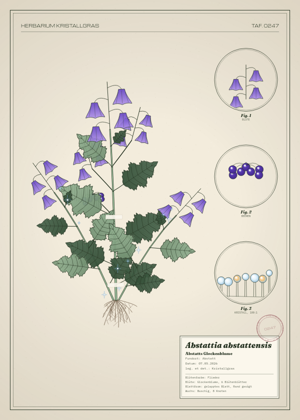 Botanische Tafel: Abstattia abstattensis, eine erfundene Pflanze aus Abstatt, gezeichnet wie in einem alten Pflanzenatlas