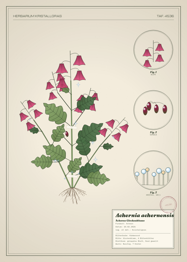Botanische Tafel: Achernia achernensis, eine erfundene Pflanze aus Achern, gezeichnet wie in einem alten Pflanzenatlas