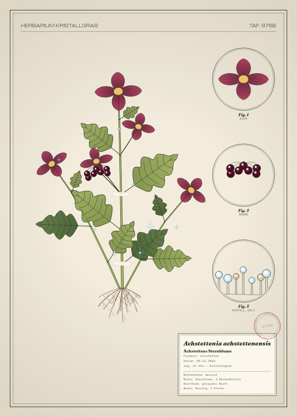 Botanische Tafel: Achstettenia achstettenensis, eine erfundene Pflanze aus Achstetten, gezeichnet wie in einem alten Pflanzenatlas