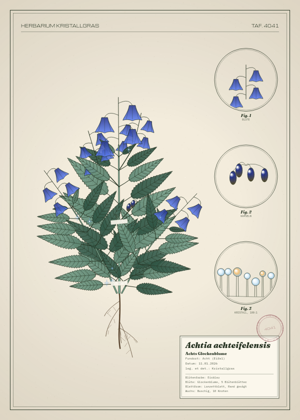 Botanische Tafel: Achtia achteifelensis, eine erfundene Pflanze aus Acht (Eifel), gezeichnet wie in einem alten Pflanzenatlas