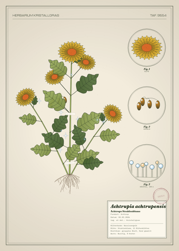 Botanische Tafel: Achtrupia achtrupensis, eine erfundene Pflanze aus Achtrup, gezeichnet wie in einem alten Pflanzenatlas