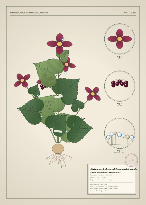 Botanische Tafel: Adelmannsfeldenia adelmannsfeldenensis, eine erfundene Pflanze aus Adelmannsfelden, gezeichnet wie in einem alten Pflanzenatlas