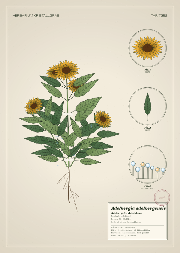 Botanische Tafel: Adelbergia adelbergensis, eine erfundene Pflanze aus Adelberg, gezeichnet wie in einem alten Pflanzenatlas
