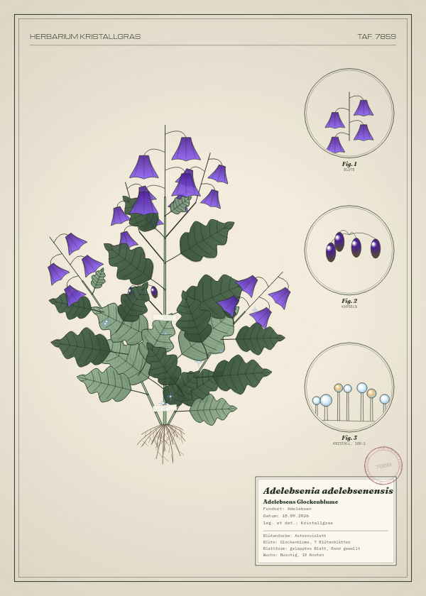 Botanische Tafel: Adelebsenia adelebsenensis, eine erfundene Pflanze aus Adelebsen, gezeichnet wie in einem alten Pflanzenatlas