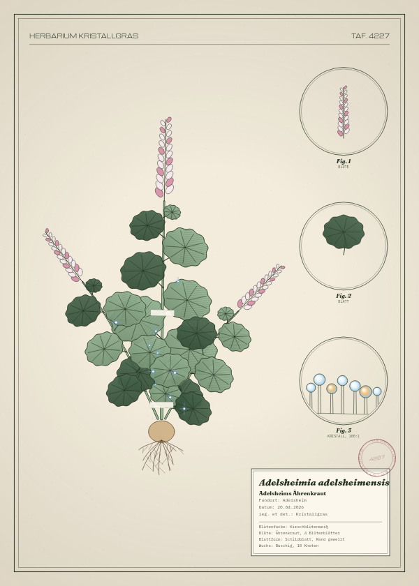 Botanische Tafel: Adelsheimia adelsheimensis, eine erfundene Pflanze aus Adelsheim, gezeichnet wie in einem alten Pflanzenatlas