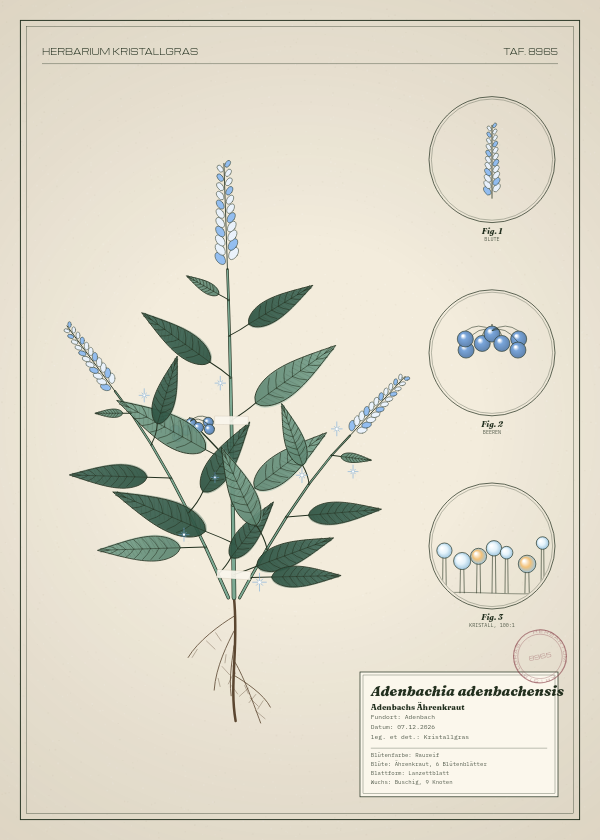 Botanische Tafel: Adenbachia adenbachensis, eine erfundene Pflanze aus Adenbach, gezeichnet wie in einem alten Pflanzenatlas