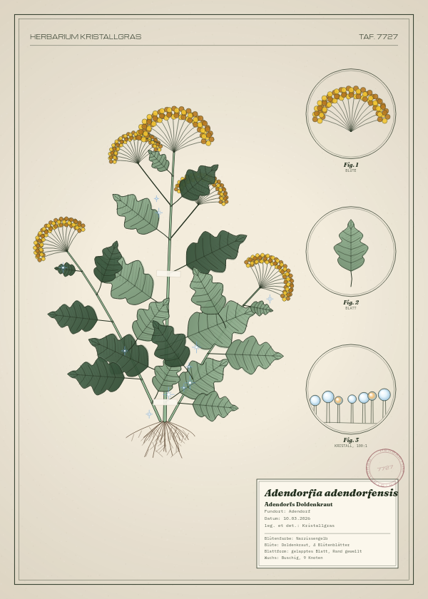 Botanische Tafel: Adendorfia adendorfensis, eine erfundene Pflanze aus Adendorf, gezeichnet wie in einem alten Pflanzenatlas