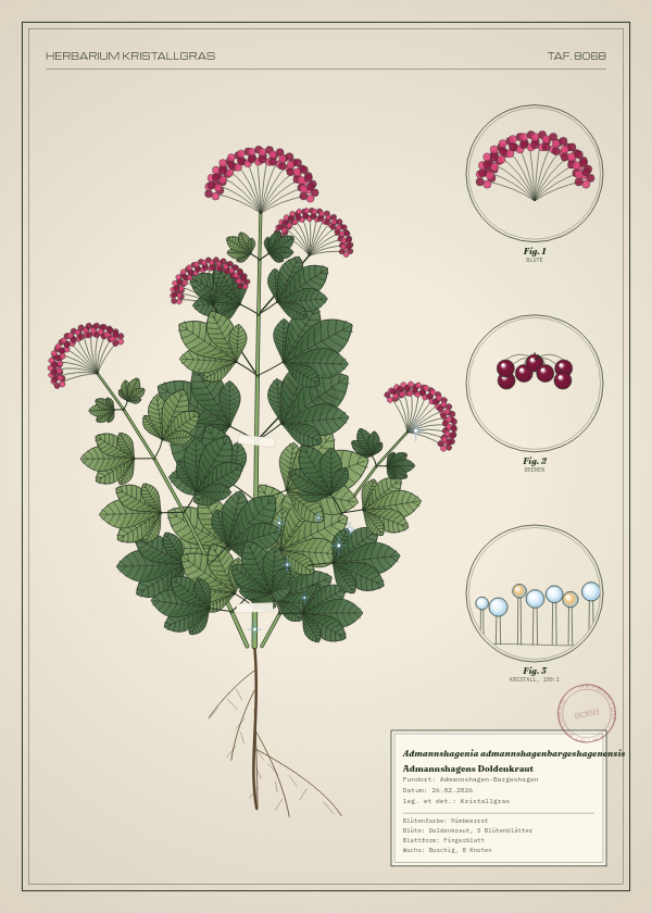 Botanische Tafel: Admannshagenia admannshagenbargeshagenensis, eine erfundene Pflanze aus Admannshagen-Bargeshagen, gezeichnet wie in einem alten Pflanzenatlas