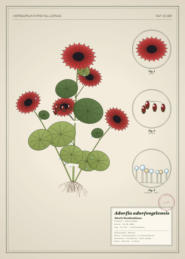 Botanische Tafel: Adorfia adorfvogtlensis, eine erfundene Pflanze aus Adorf/Vogtl., gezeichnet wie in einem alten Pflanzenatlas