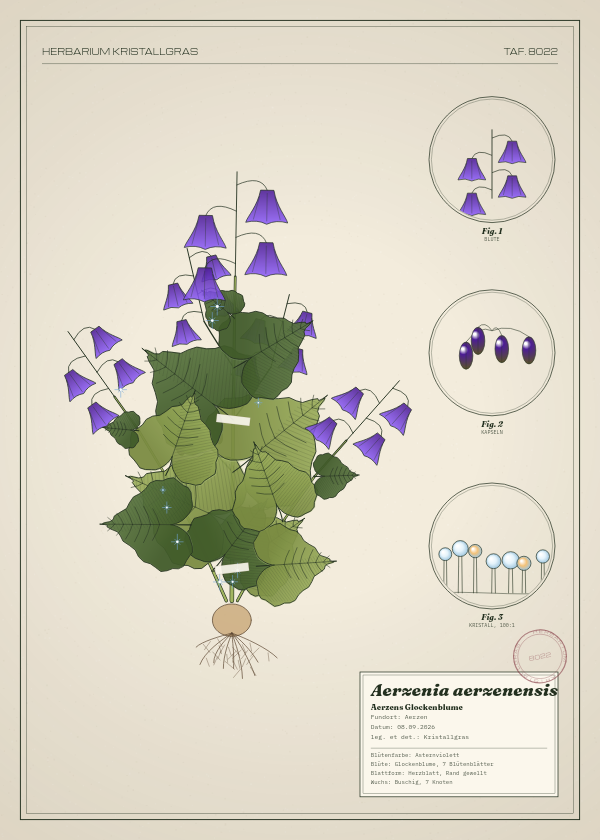 Botanische Tafel: Aerzenia aerzenensis, eine erfundene Pflanze aus Aerzen, gezeichnet wie in einem alten Pflanzenatlas
