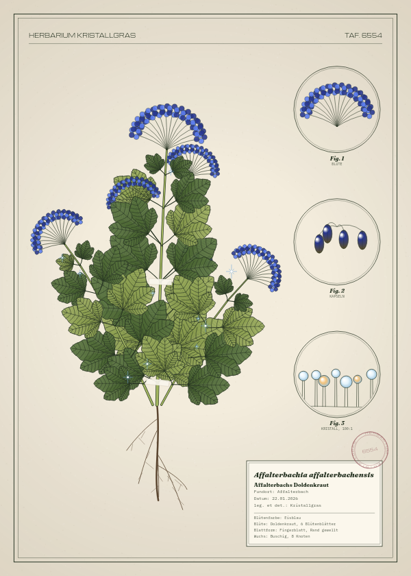 Botanische Tafel: Affalterbachia affalterbachensis, eine erfundene Pflanze aus Affalterbach, gezeichnet wie in einem alten Pflanzenatlas