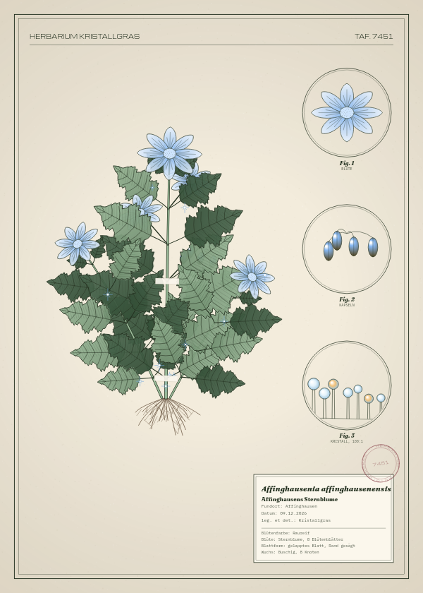Botanische Tafel: Affinghausenia affinghausenensis, eine erfundene Pflanze aus Affinghausen, gezeichnet wie in einem alten Pflanzenatlas