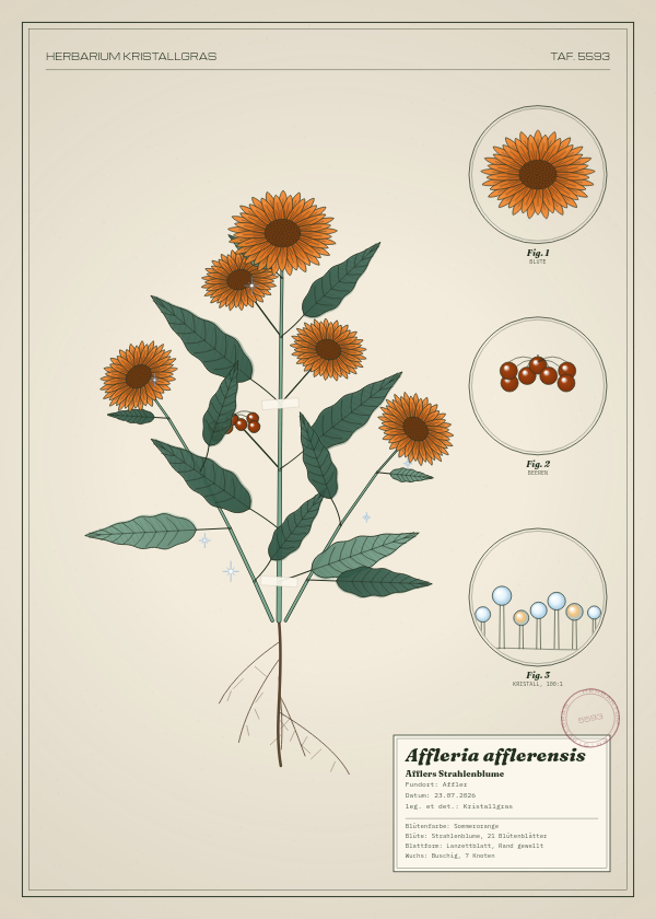 Botanische Tafel: Affleria afflerensis, eine erfundene Pflanze aus Affler, gezeichnet wie in einem alten Pflanzenatlas