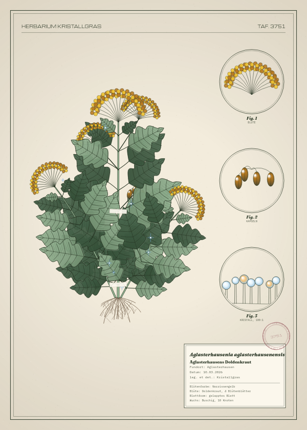 Botanische Tafel: Aglasterhausenia aglasterhausenensis, eine erfundene Pflanze aus Aglasterhausen, gezeichnet wie in einem alten Pflanzenatlas