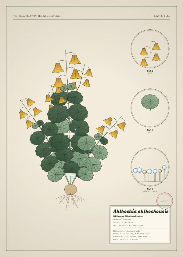 Botanische Tafel: Ahlbeckia ahlbeckensis, eine erfundene Pflanze aus Ahlbeck, gezeichnet wie in einem alten Pflanzenatlas
