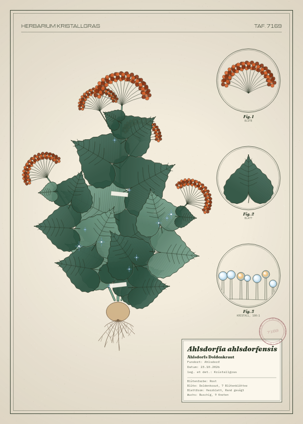 Botanische Tafel: Ahlsdorfia ahlsdorfensis, eine erfundene Pflanze aus Ahlsdorf, gezeichnet wie in einem alten Pflanzenatlas