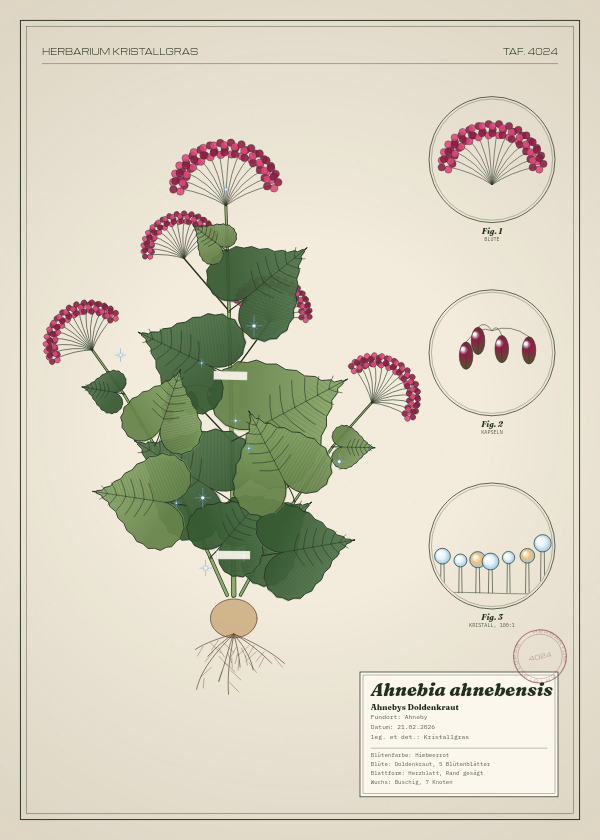 Botanische Tafel: Ahnebia ahnebensis, eine erfundene Pflanze aus Ahneby, gezeichnet wie in einem alten Pflanzenatlas