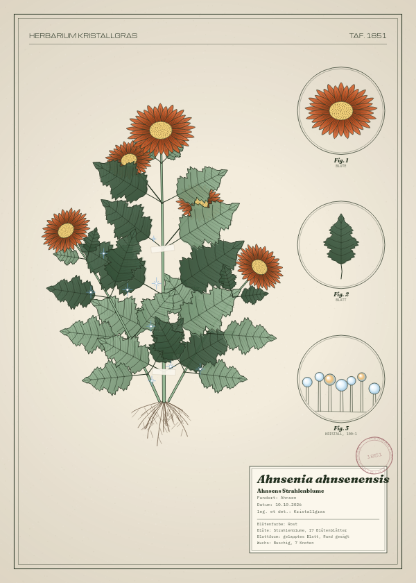Botanische Tafel: Ahnsenia ahnsenensis, eine erfundene Pflanze aus Ahnsen, gezeichnet wie in einem alten Pflanzenatlas
