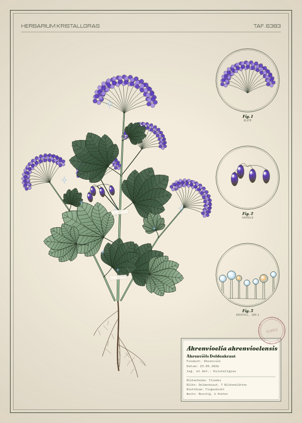 Botanische Tafel: Ahrenvioelia ahrenvioelensis, eine erfundene Pflanze aus Ahrenviöl, gezeichnet wie in einem alten Pflanzenatlas