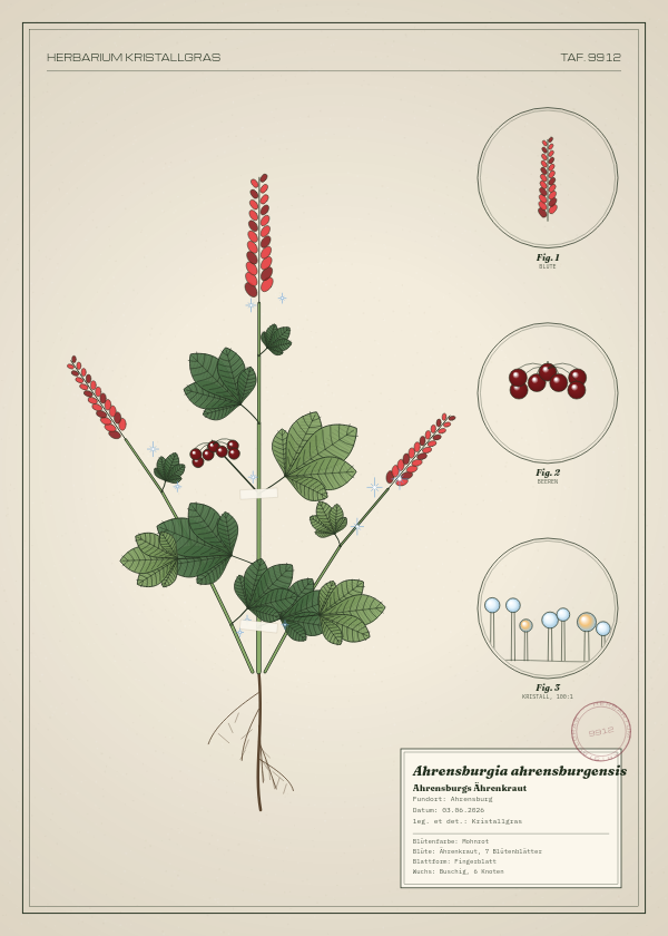 Botanische Tafel: Ahrensburgia ahrensburgensis, eine erfundene Pflanze aus Ahrensburg, gezeichnet wie in einem alten Pflanzenatlas