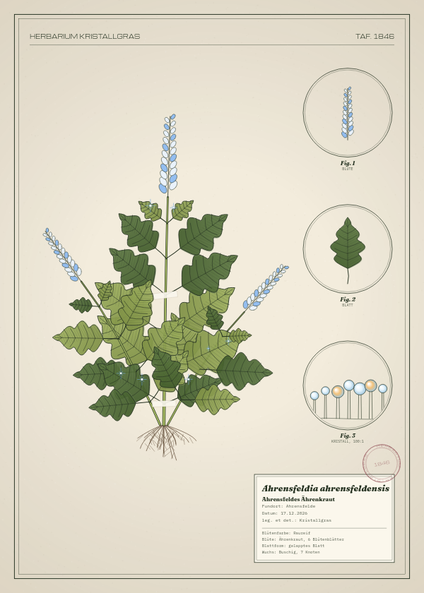 Botanische Tafel: Ahrensfeldia ahrensfeldensis, eine erfundene Pflanze aus Ahrensfelde, gezeichnet wie in einem alten Pflanzenatlas