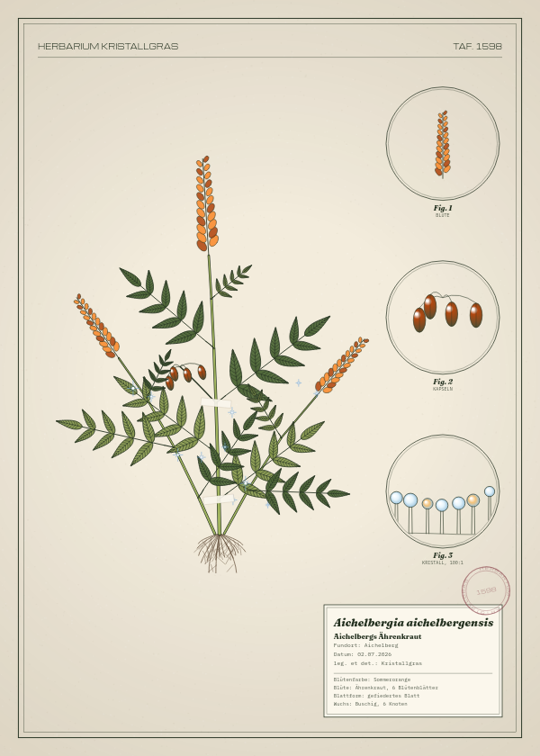 Botanische Tafel: Aichelbergia aichelbergensis, eine erfundene Pflanze aus Aichelberg, gezeichnet wie in einem alten Pflanzenatlas