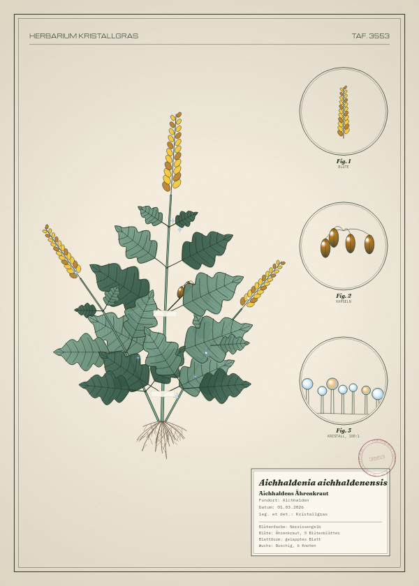 Botanische Tafel: Aichhaldenia aichhaldenensis, eine erfundene Pflanze aus Aichhalden, gezeichnet wie in einem alten Pflanzenatlas