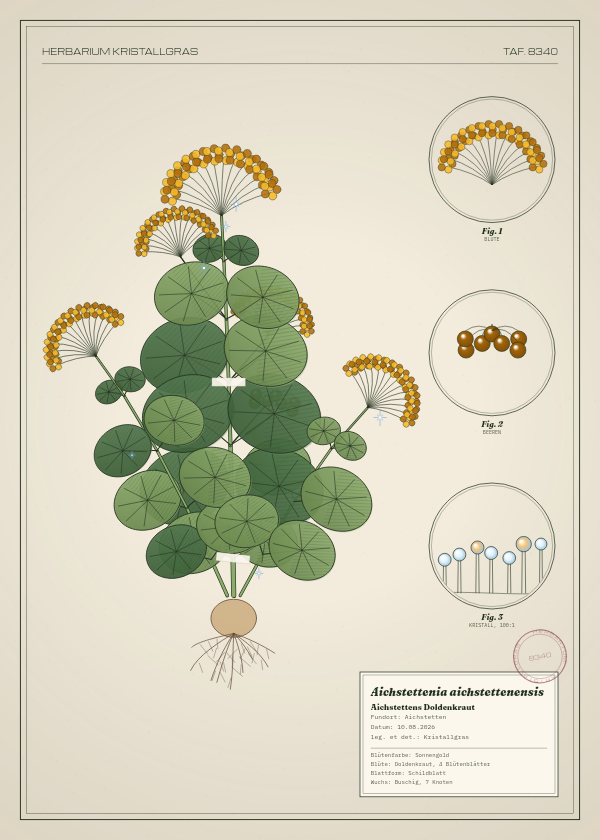 Botanische Tafel: Aichstettenia aichstettenensis, eine erfundene Pflanze aus Aichstetten, gezeichnet wie in einem alten Pflanzenatlas