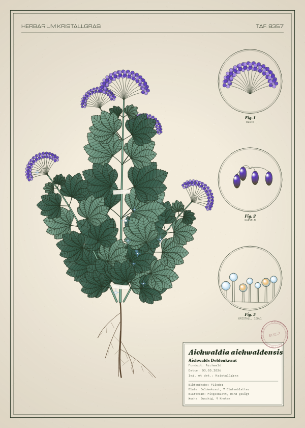 Botanische Tafel: Aichwaldia aichwaldensis, eine erfundene Pflanze aus Aichwald, gezeichnet wie in einem alten Pflanzenatlas
