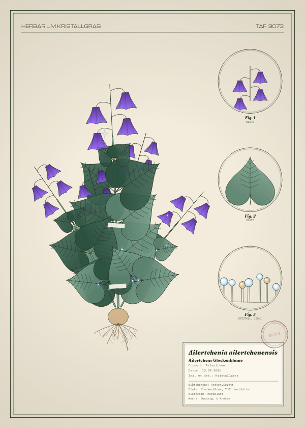 Botanische Tafel: Ailertchenia ailertchenensis, eine erfundene Pflanze aus Ailertchen, gezeichnet wie in einem alten Pflanzenatlas