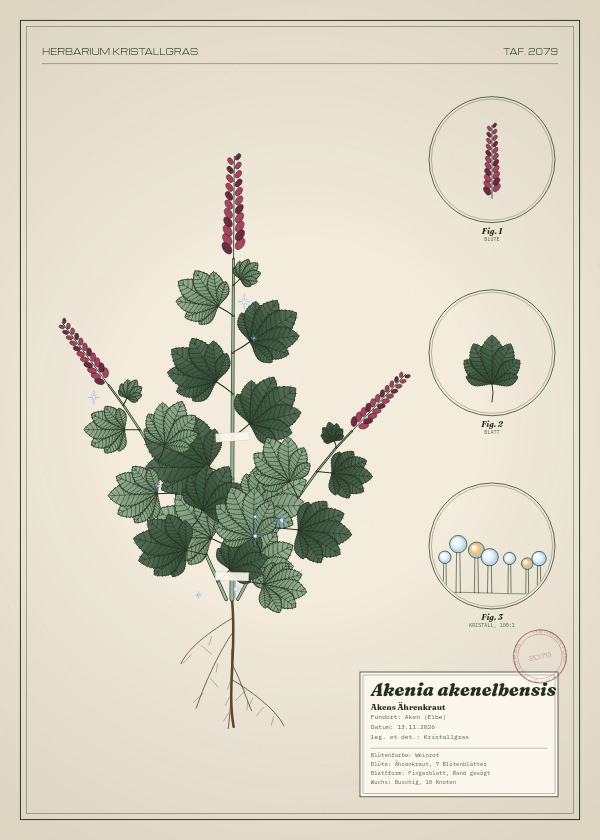 Botanische Tafel: Akenia akenelbensis, eine erfundene Pflanze aus Aken (Elbe), gezeichnet wie in einem alten Pflanzenatlas