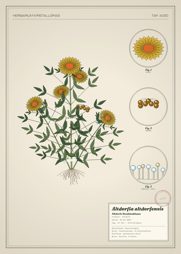 Botanische Tafel: Altdorfia altdorfensis, eine erfundene Pflanze aus Altdorf, gezeichnet wie in einem alten Pflanzenatlas
